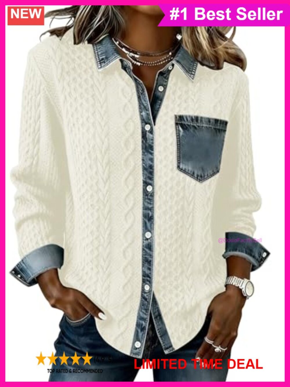 Jean Patchwork Cable Knit Shacket Loose Fit Casual Jacket